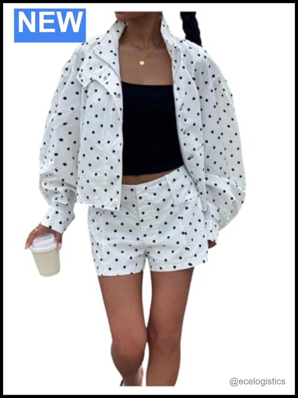 Women's 2 Piece Polka Dot Jacket & Shorts Set Zip Up